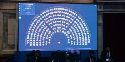 Imagen de la pantalla de la Cámara de Diputados donde se muestran los votos afirmativos y los negativos.