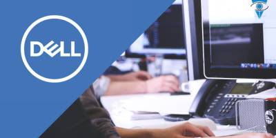 Logo de Dell más una imagen de personas trabajando en computadoras.