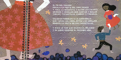 Interior del libro Gioia, con páginas en tinta y braille.