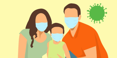 Gráfico de una familia (mamá, papá e hijo) con tapabocas. De fondo, un gráfico del virus de coronavirus.