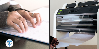 foto de manos leyendo braille y al lado una impresora braille