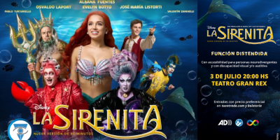 Imagen del elenco de La Sirenita junto a la invitación de la función distendida.
