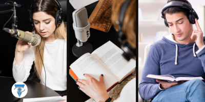 personas con micrófonos y libros en sus manos